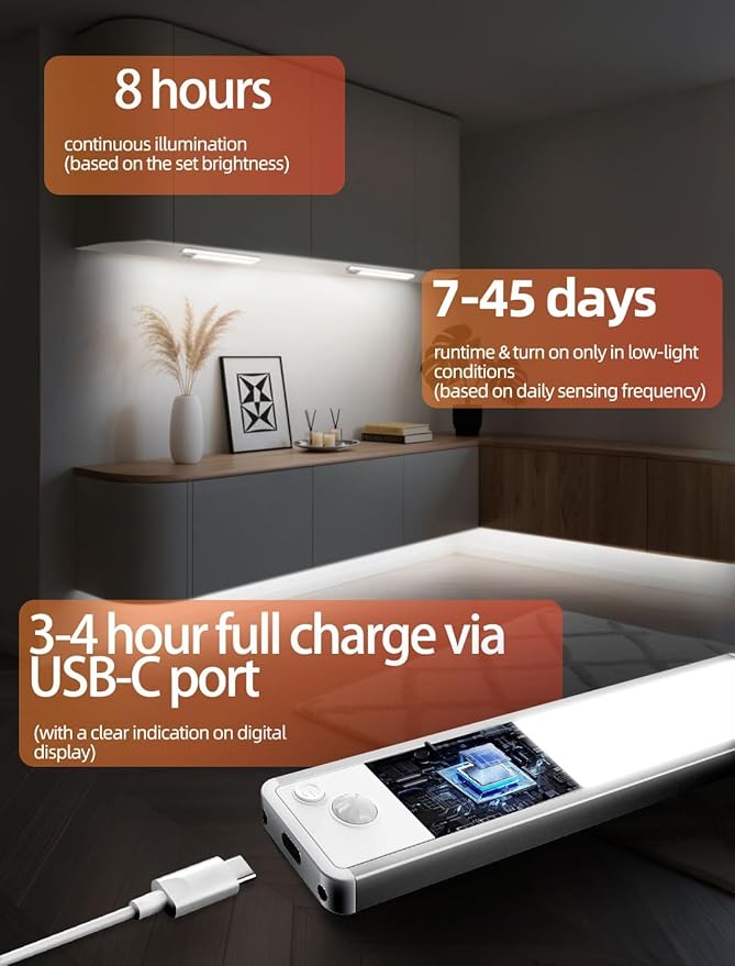 Under Cabinet Motion Sensor Lighting: 12 Inch Dimmable Rechargeable Lights Indoor - Battery Operated Lights - Undercabinet Closet Light Magnetic Led Light for Kitchen Home Bathroom Counter 3 Pack