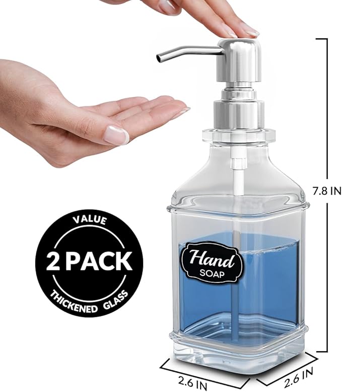 LMQML Soap Dispenser - 2 Pack, Antique Design Thick Glass Hand Soap Dispensers with Sturdy Tray; 304 Rust Proof Stainless Steel Silver Pump, 12Pcs Stickers, for Kitchen, Bathroom