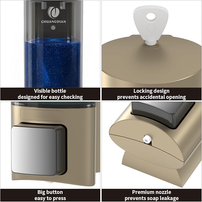Manual Soap Dispenser Wall Mount, 6.76oz/200ml Liquid Soap Dispenser for Kitchen, No Drill Bathroom Shampoo and Conditioner Dispenser, Refillable Hand Sanitizer Dispenser for Home & Office (Gold)