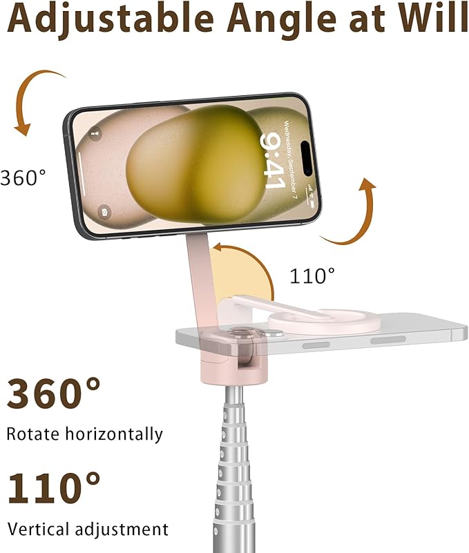 TONEOF 68" Magnetic Selfie Stick Tripod with Aluminum Strong Magnetic Holder for Magsafe, 360° Rotatable Travel Phone Tripod Stand with Metal Ring & Rechargeable Remote for iPhone/Android（Pink）