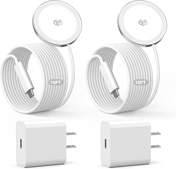 2Pack Magnetic Wireless Charger 25W Fast Charger for iPhone 17/16/15/14/13/12 Series & AirPods, Portable Wireless Charging Pad for Travel Home Office Desk, 10FT-White with Plugs