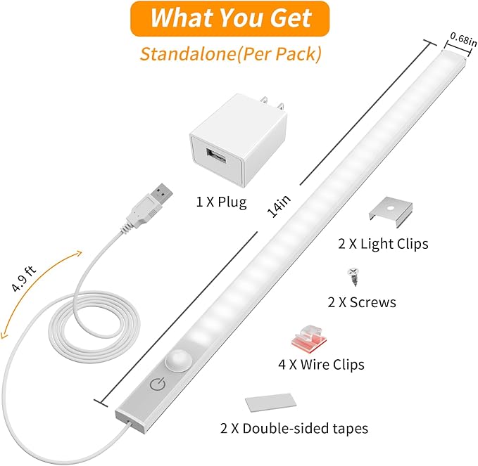 14" Slim USB Plug-in LED Motion Sensor Light Indoor, Bright & Dimmable Under Cabinet Light - 3 Modes (ON/Night/Day) for Kitchen, Cabinet, Closet - 6000K Cool White, 1 Pack (Standalone)