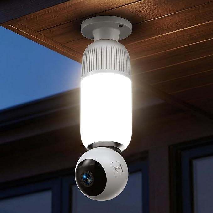 2K Light Bulb Security Cameras Outdoor Indoor - 355° Manual Pan / 110° Tilt Light Bulb Camera Wireless for Home Security with Color Night Vision, Motion Detection, SD/Cloud Storage, 2-Way Audio, Siren