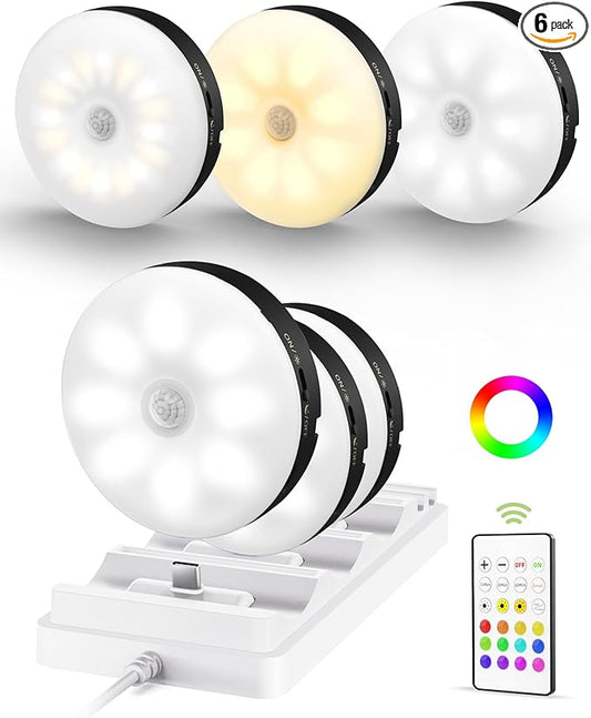 EZVALO Under Cabinet Lighting with Charging Station, 1000mAh Rechargeable Puck Lights with Remote, 3 Color Temps & 12 RGB Closet Lights, Dimmable Motion Sensor Lights for Shelf, Kitchen (6 Packs)