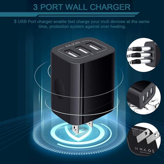 Wall Charger Plug, USB Charger Cube, AILKIN 3.1A 3-Muti Port USB Adapter Power Plug Charging Station Box Black Base for iPhone 17 16 15 14 13 12 11 Pro Max/SE, Samsung Galaxy Phones Charge Block