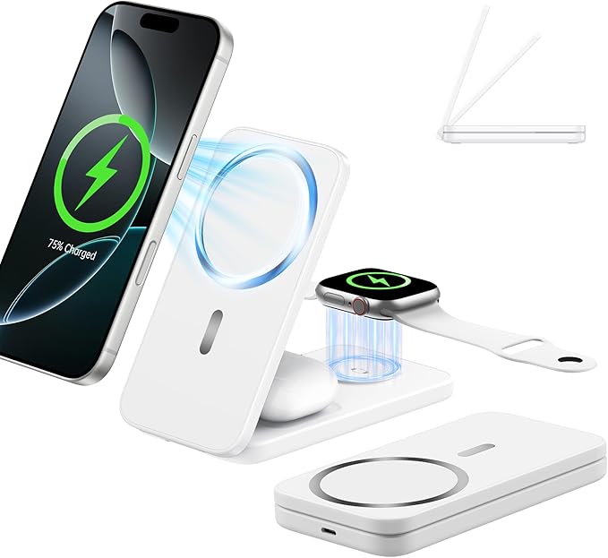 Compatible MagSafe 3 in 1 Wireless Charging Station for Apple, Magnetic Foldable Charger Stand for iPhone 17/16/15/14/13/12 Pro Max, Apple Watch Ultra/Series & AirPods Pro Fast Charging Dock