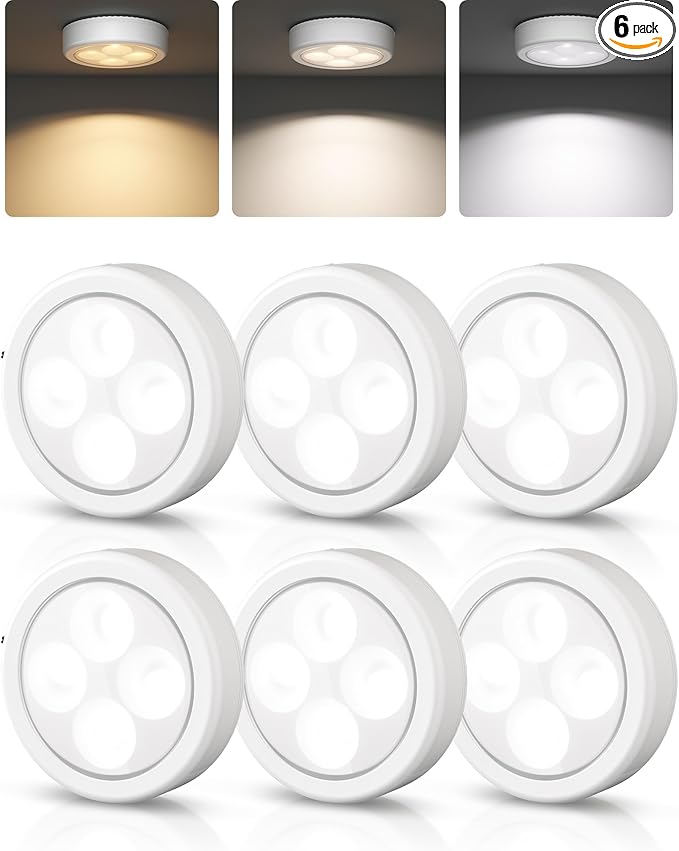 EZVALO LED Puck Lights, Rechargeable Stick On Tap Lights, Wireless Closet Light, 3 Color Temps, Under Cabinet Lights, 2.5'' Mini Touch Light, Ideal for Kitchen,Closet,Pantry,Shelves,Camper(6 Pack)