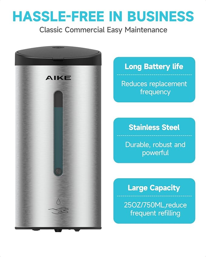 AIKE Automatic Wall Mount Liquid Soap Dispenser, Commercial Stainless Steel with 25oz Large Capacity Save Time Effort and Cost,Model AK1205(Brushed)