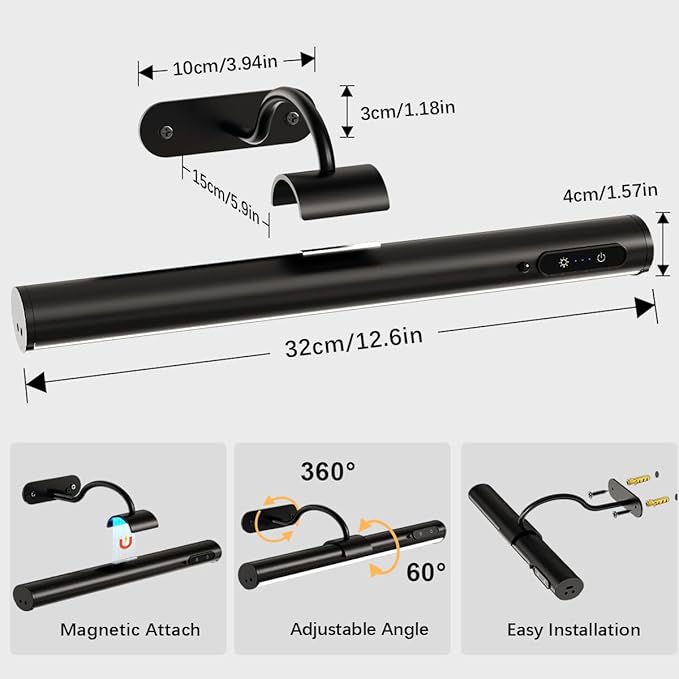 Hapfish Picture Lights for Wall Battery Operated,Wireless Art Light for Paintings, Rechargeable Wall Sconce for Picture with Remote Control,Dimmable Wall Lighting for Gallery Dartboard Mirror - Black
