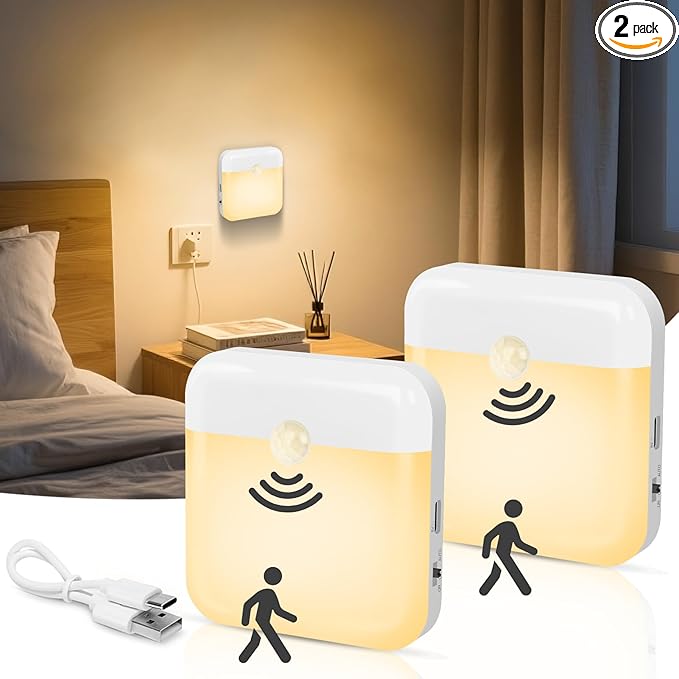 2 Pack Motion Sensor Night Light, Rechargeable Battery Night Lights Warm White, Portable Mini Motion Activated Night Light for Wall, Hallway, Kids Room, Stairway, Cabinet