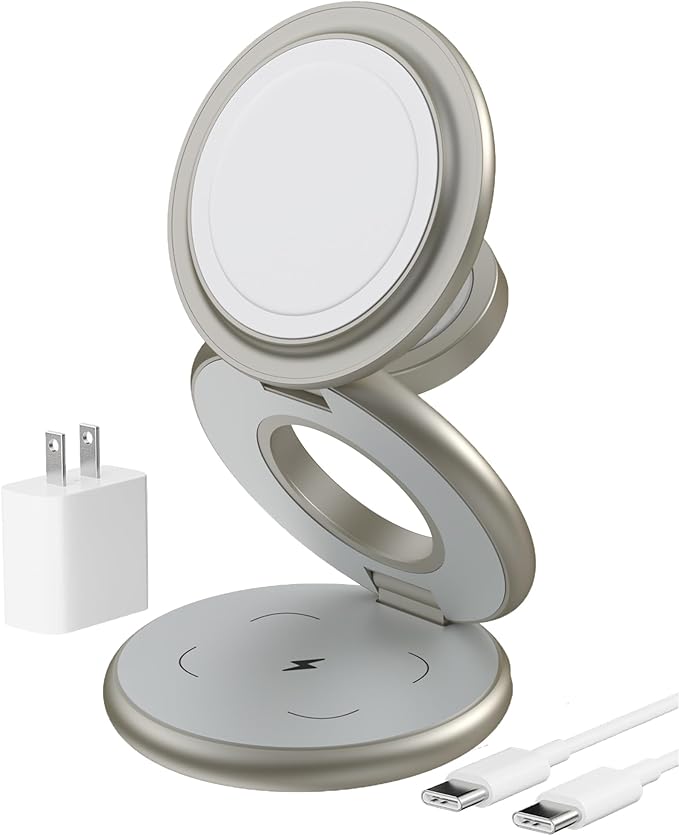 KU XIU X63 Natural Titanium 3 in 1 Charging Station for Apple, Aluminum Alloy Foldable Magnetic Wireless Charger, Travel Stand for iPhone 17/16/15/14/13/12, Apple Watch & AirPod,with 20W Adapter
