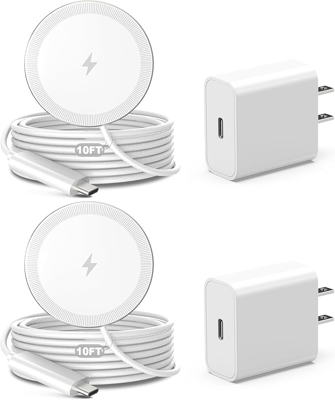 10FT Magnetic Wireless Charger Charging Pad - 15W Qi Fast Phone Charger Puck for Apple iPhone 17 16 15 14 13 12 Series & AirPods 4 3 2 Pro, Phone Charging Pad with Plug for Desk & Travel, 2Pack White