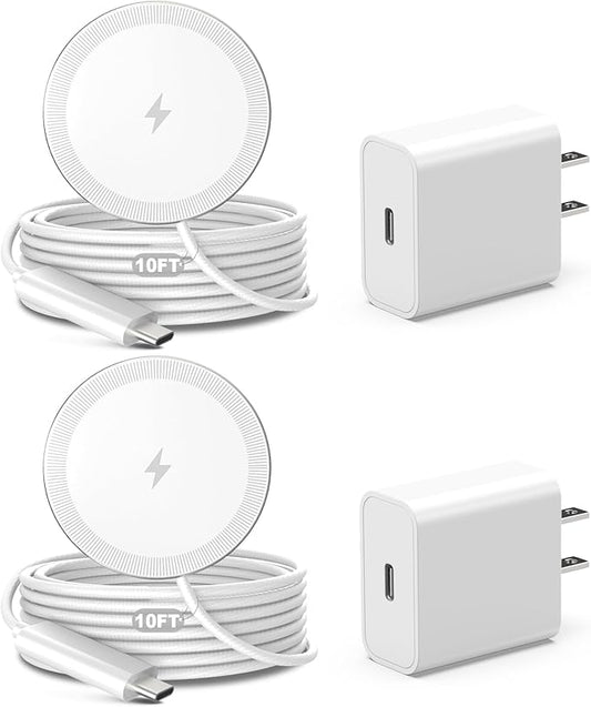 10FT Magnetic Wireless Charger Charging Pad - 15W Qi Fast Phone Charger Puck for Apple iPhone 17 16 15 14 13 12 Series & AirPods 4 3 2 Pro, Phone Charging Pad with Plug for Desk & Travel, 2Pack White