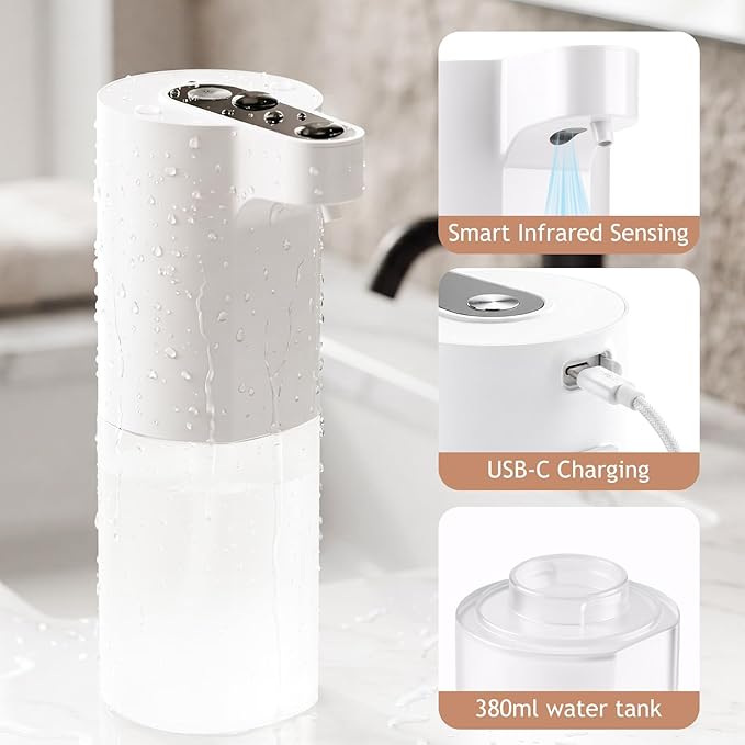 Automatic Soap Dispenser Touchless, Liquid & Foaming Soap Dispensers, USB Rechargeable Smart Hand Soap Dispenser, 3-Level Adjustable, 12.2oz/360ml (2 Pcs Foam Set White)