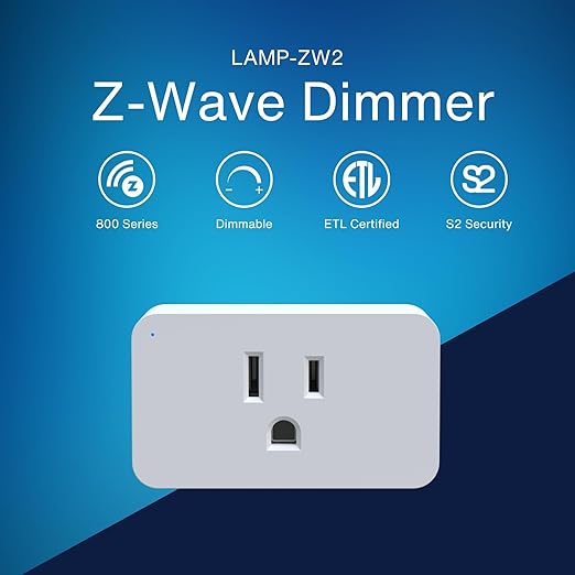 Z-Wave 800 Plug-in Smart Dimmer — Lamp Module for Table & Floor Lamps, 1,300 ft Long Range, Works with Alexa (via Z-Wave Hub), SmartThings, Hubitat, Home Assistant — 200W, S2 Security