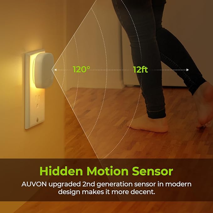 AUVON Plug-in LED Backlit Night Light with Motion Sensor & Dusk to Dawn Sensor, Dimmable Warm White Nightlight with 1-50 lm Adjustable Brightness for Bathroom, Bedroom, Hallway, Stairs (2 Pack)