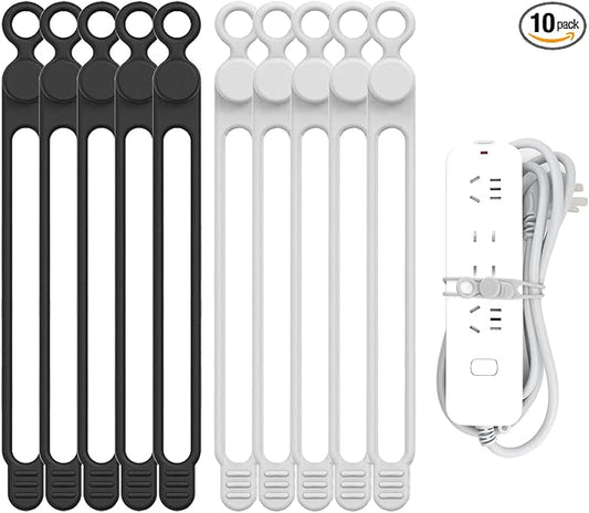 UMUST Silicone Cable Straps, 10pcs Extra-Long Reusable Hanging Organizer for Cables, Kitchen, Home, School (Black & White)