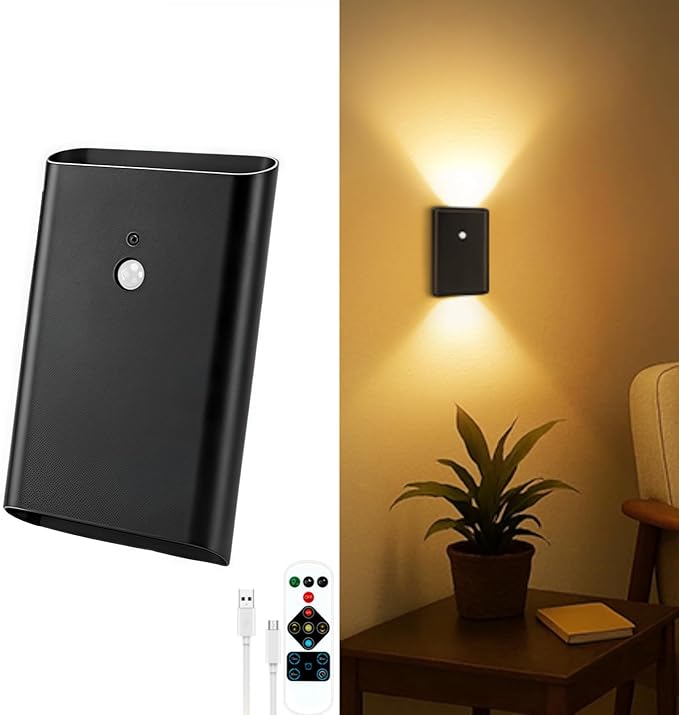 Eneru Rechargeable Motion Sensor Night Light: 5000mAh Black Battery Operated Wall Sconce with Remote Control, 3 Colors Wireless Stair Lights Indoor, Magnetic LED Night Lamp for Hallway Porch, 1 Pack