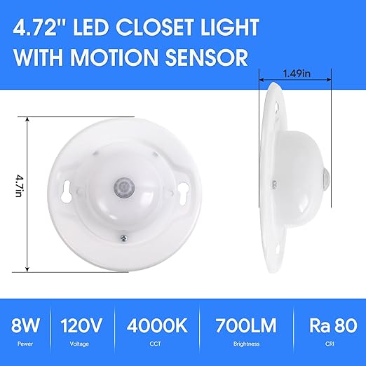 Energetic 4.7 Inch Motion Sensor Closet Ceiling Lights, LED Under Cabinet Lights Wired, Flush Mount Ceiling Lighting Fixtures for Bedroom, Kitchen, Hallway, Wet Location, 120V, 4000K, White, 2 Pack
