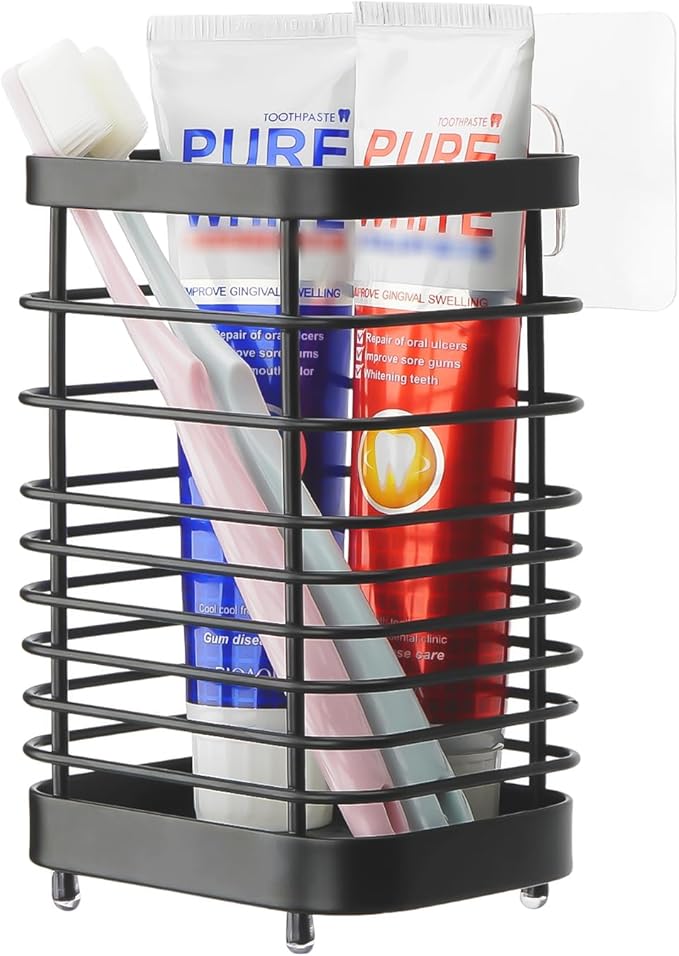 Wall Mount Toothbrush Holder for Bathroom, Stainless Steel Rustproof Toothbrush and Toothpaste Holder Organizer, Electric Toothbrush Holder Self Adhesive Wallmount/Countertop Organizer(Black)