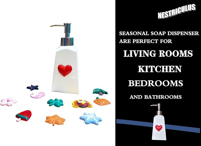 Seasonal Soap Dispenser with 11 Interchangeable Magnets - Seasonal Decor - Farmhouse Bathroom Kitchen Decor (Resin,Built in Magnet) - 8.82oz (Silver)