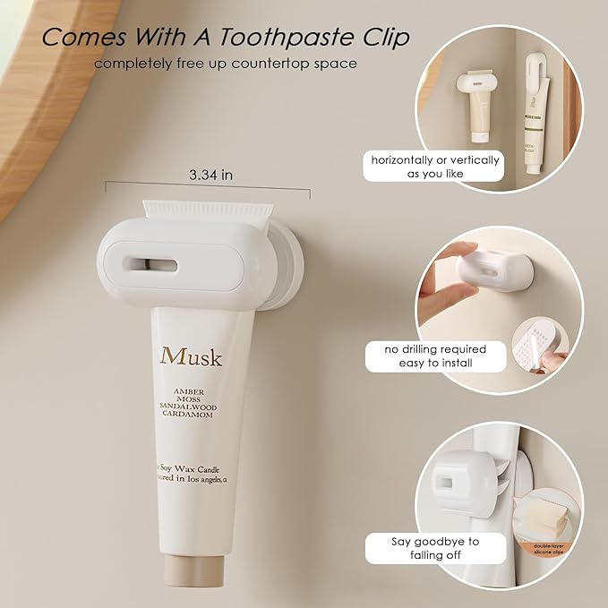 2PCS Toothbrush Holder Wall Mounted for Bathroom with Cover for Shower - with Toothpaste Clip - Single Slot Toothbrush Dispenser Storage Organizer for Travel with Detachable Design