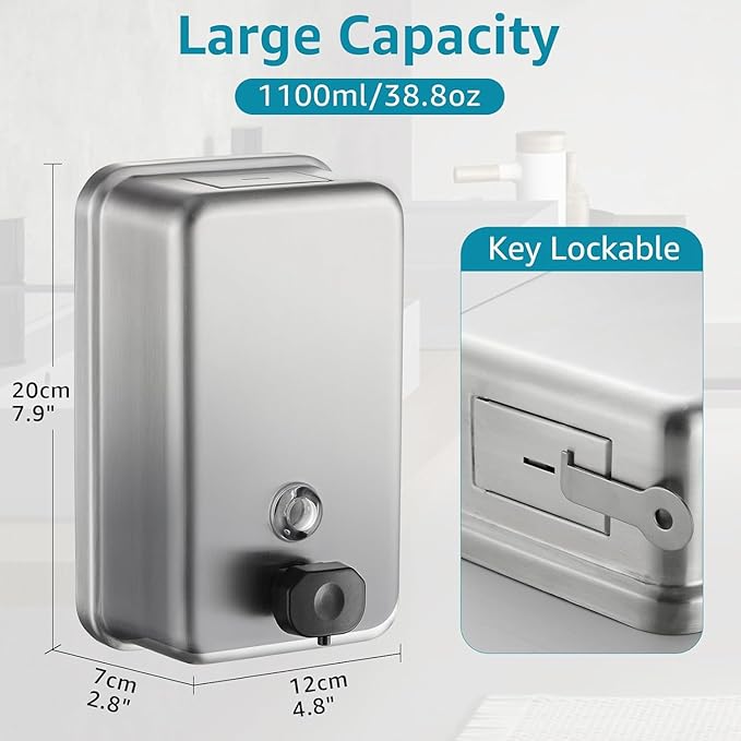 Commercial Wall Mount Soap Dispenser - Stainless Steel Bathroom Hand Soap 38.8oz Liquid - Anti-Leak Pump and Large Capacity Brushed Refillable