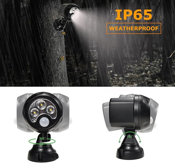 YCB2050 Battery Operated Motion Lights Outdoor, LED Motion Spotlight 5000K Daylight White, IP65 Waterproof, Wireless Security Light Uses 4 D-Cell Batteries (Not Included), Black