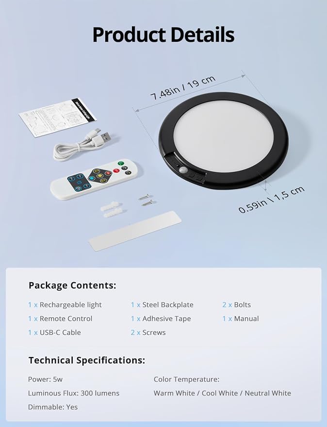 Combuh Black Operated Battery Powered Motion Sensor Ceiling Lights Wireless, Rechargeable 85 Day Battery Life Waterproof Inside Shower Lighting with Remote Magnetic Without Wiring for Garage Closet