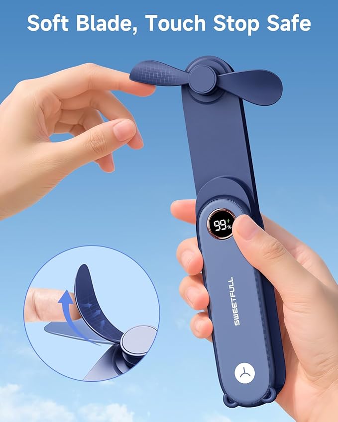 SWEETFULL Portable Handheld Mini Fan with LED Display, 3-in-1 Personal Foldable USB Rechargeable Hand Held Fan & Flashlight for Travel, Lash Eyelash, Cute Small Pocket for Women, Girls