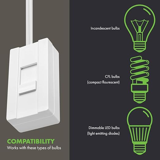TOPGREENER Table-Top Plug in Dimmer for Table or Floor Lamps, Slide Control, Works with 360 Watt Incandescent and 150 Watt Dimmable CFL/LED, Off at Lowest dim, 6ft Cord, TGTTDL300-W, White, 2 Pack