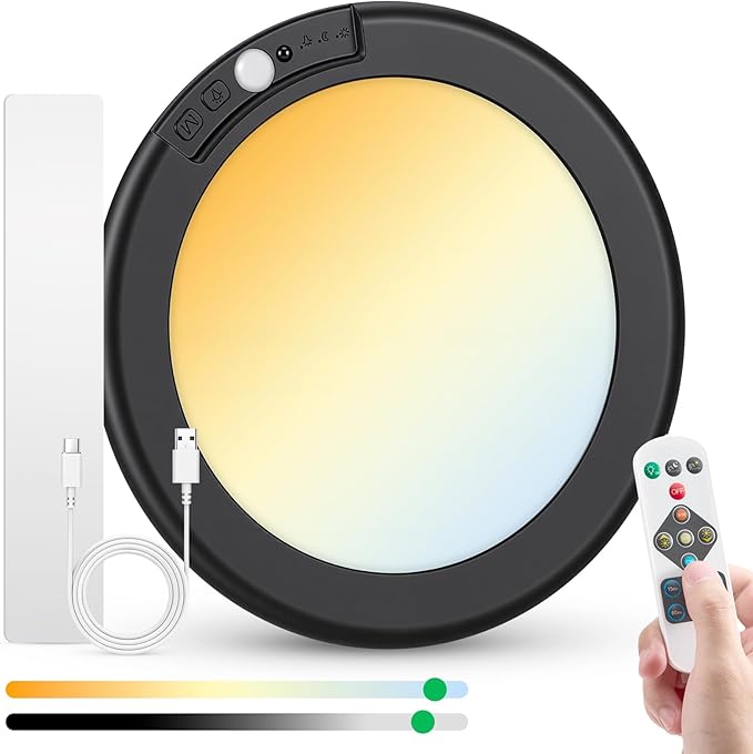 Bojim Rechargeable Motion Sensor Wireless Closet Ceiling Light 6000mAh Battery Powered, Magnetic Fixture Shower Lights with Remote Dimmable Timing for Laundry Bathroom Black