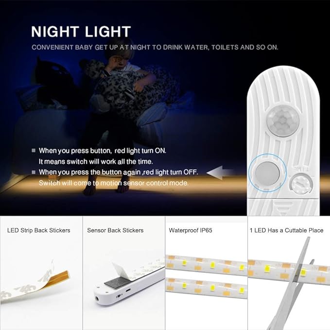 Under Cabinet Lights, 3M/10FT LED Bed Stairs Wardrobe Strip Lights Motion Sensor, 5V USB & Battery Powered Closet Night Tape Lights Four Modes, Waterproof - Warm White, 3M x 1 Pack