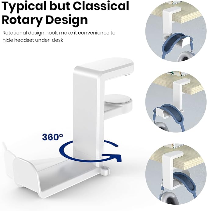 EURPMASK PC Gaming Headset Stand - Adjustable Clamp-on Headphone Holder, 360 Degree Swivel & Cable Clip Organizer - White