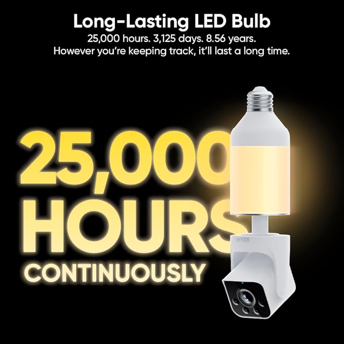 WYZE Bulb Cam - 2K HD Smart Light Bulb Security Camera with Color Night Vision, 800-Lumen Dimmable LED, 160° Wide View, Motion Detection & Siren, E26 Socket, Alexa/Google/IFTTT
