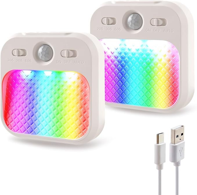 DAMI Led Night Light with Motion Detector 2 Pack, Cabinet Light Dimmable with Timer Function, Staircase Lighting RGBW, Hallway Light Rechargeable 600mAh for Children's Room