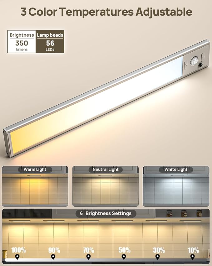 12" Under Cabinet Lights Wireless, Motion Sensor Light Indoor with Remote, LED Rechargeable Closet Light, 3 Color Temps, Dimmable, Magnetic, Under Counter Lights for Kitchen, Stairs, Pantry