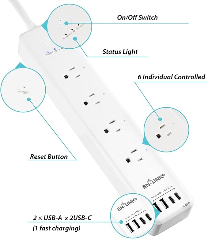 BN LINK Smart Plug Power Strip，Surge Protector with 4 Individually Controlled Smart Outlets, 4 USBs (incl. 20W USB-C), Compatible with Alexa and Google Home