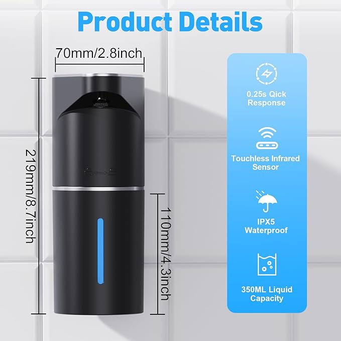 Automatic Soap Dispenser Touchless, 350ML Rechargeable Gel Dispenser, Hands-Free, 3 Adjustable Volume, Long Battery Life, Compatible with Dish/Hand Soap for Bathroom,Kitchen, Office,White
