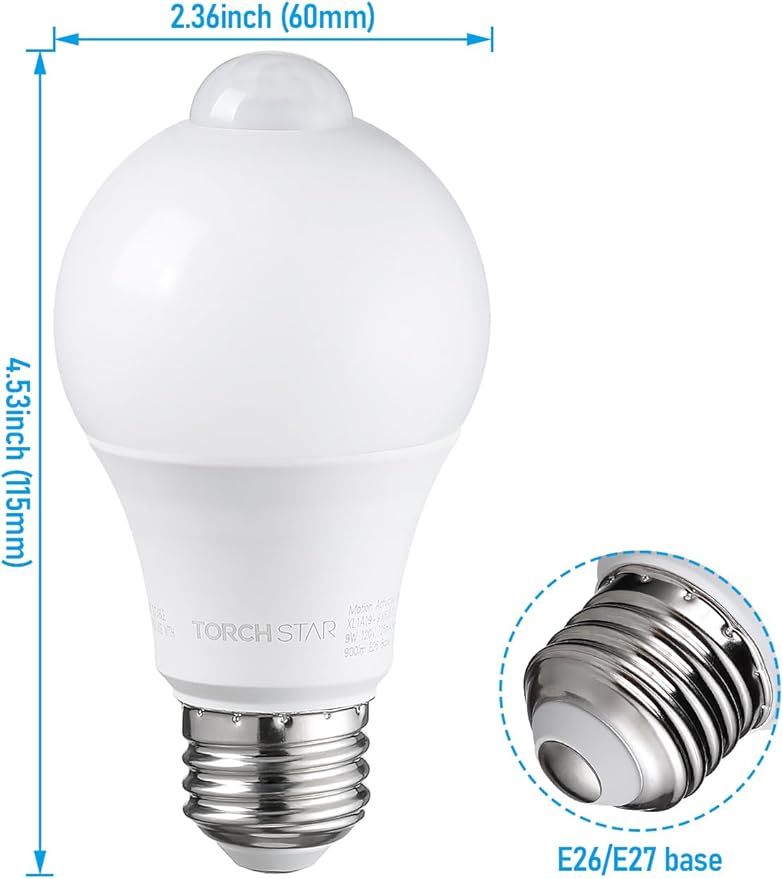 TORCHSTAR LED Motion Sensor Light Bulb, UL FCC DOE Listed, 9W (60W Eqv) 900LM, E26 Base, A19 Motion Activated LED Light Bulb for Laundry, Basement, Hallway, Closet, 6000K Pure White, Pack of 2