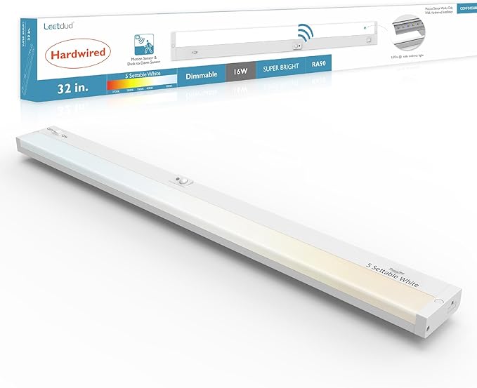 Leetdud Under Cabinet Lighting Motion Sensor Hardwired, 32 Inch 16W Dimmable, 5 CCT 2700/3000/3500/4000/5000K, Eyes Care Design Linkable Under Counter Lights for Kitchen, Sink, ETL Listed, White