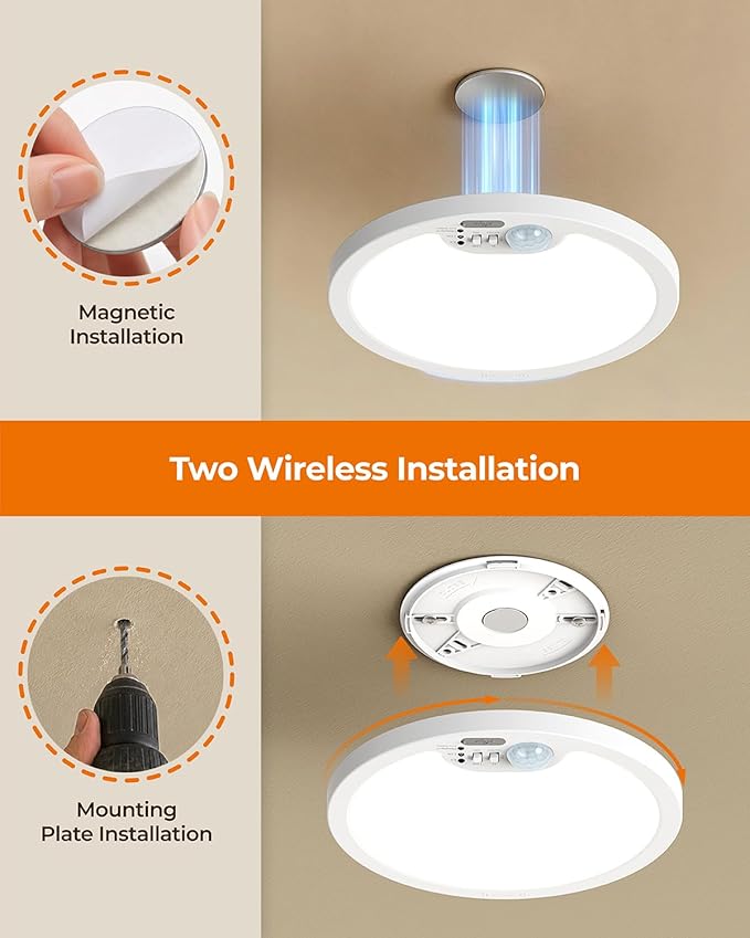 BLNAN Rechargeable Motion Sensor Ceiling Light - Wireless Magnetic Ceiling Light, Remote Control for Color & Brightness, Stick On Battery Operated Light for Shower, Closet, Bathroom, Pantry, Hallway