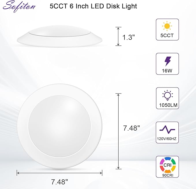 6-Pack 6 Inch Disk Lights, 2700K-5000K Adjustable, 16W, 1050LM, CRI 90+, Dimmable 10%-100%, Wet Rated, Surface Mount LED Ceiling Light for Bathroom Kitchen, ETL Listed