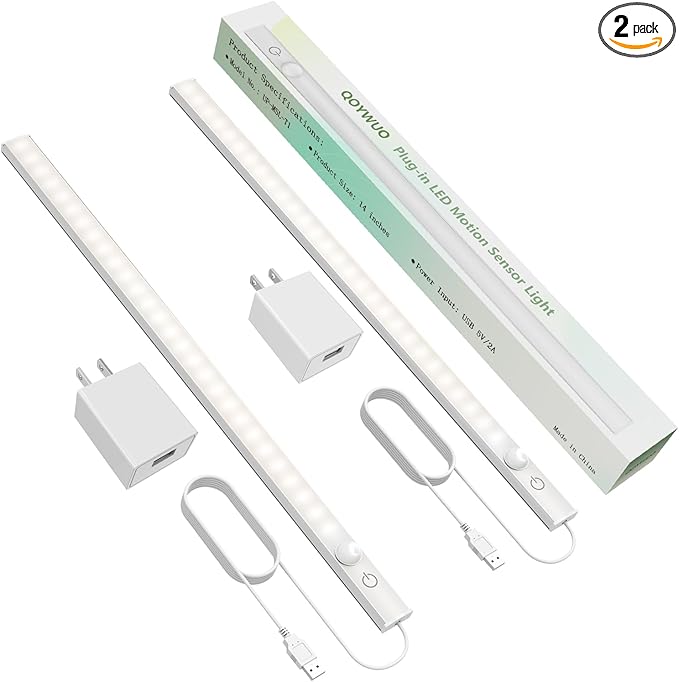 14" Slim USB Plug-in LED Motion Sensor Light Indoor, Bright & Dimmable Under Cabinet Light - 3 Modes (ON/Night/Day) for Kitchen, Cabinet, Closet - 4000K Neutral White, 2 Pack (Standalone)