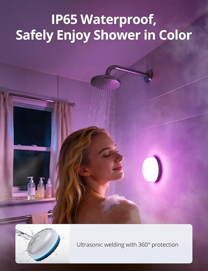 Combuh Rechargeable RGB Ambient Shower Light Waterproof Inside, 15 Color Changing Mood Lighting for Bathroom Bathtub IP65 Waterproof Cordless Battery Operated Stick on Lamp with Remote(Black 2 Pack)