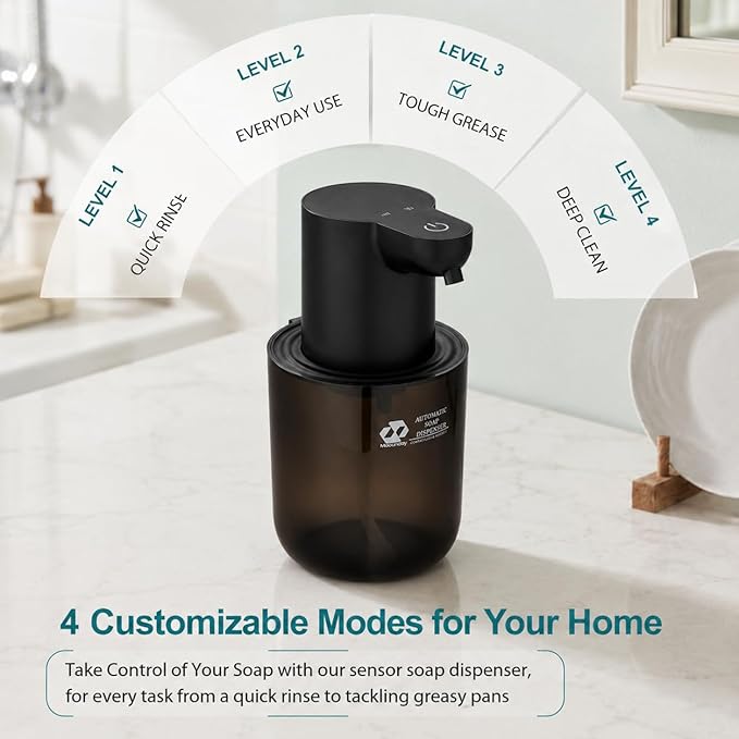 Automatic Soap Dispenser Touchless, 4-Level Adjustable Liquid Soap Dispenser, 13.5oz/400ml USB Rechargeable, IPX5 Waterproof, Countertop or Wall Mount, for Kitchen Bathroom, Black