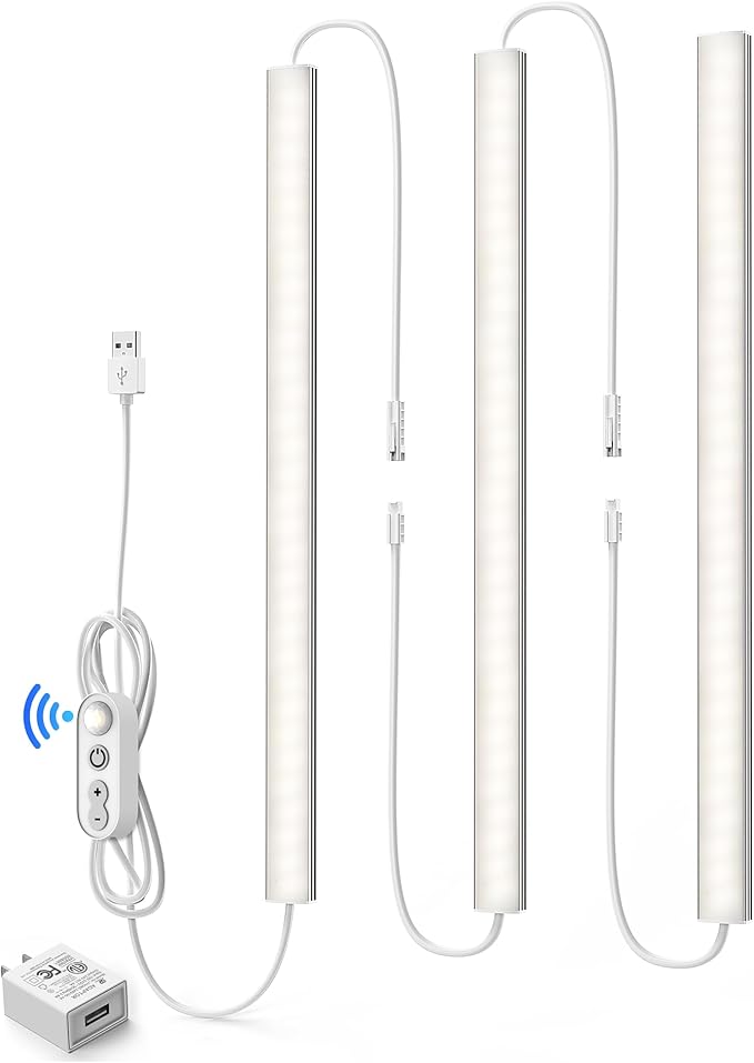 Motion Sensor Dimmable Under Cabinet Lighting, 4500K Daylight, Plug-in, Linkable LED Closet Light Bars, 12-inch 3 Pack
