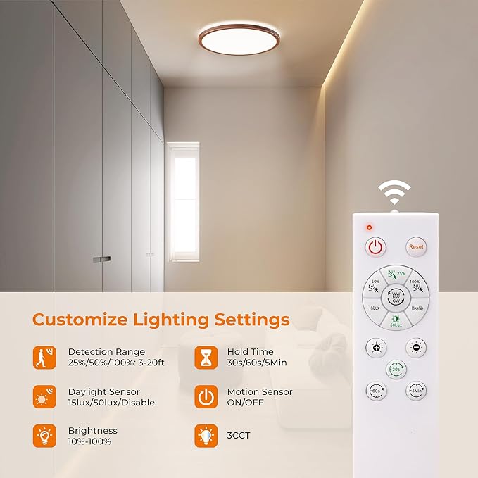 Matane Motion Sensor LED Ceiling Light with Remote, 12 Inch Wired Flush Mount Light 3000K 4000K 5000K, 2400LM Dimmable Motion Sensor Light Indoor for Closet Hallway Laundry Stairs Walnut Wood Grain