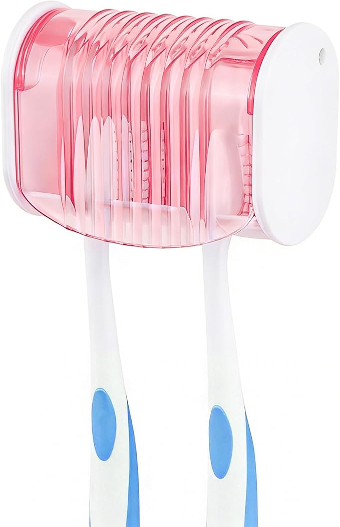 1 Pack Toothbrush Holder Wall Mounted with Cover for Bathroom, 2 Slots Toothbrush Storage Organizer for Shower, Self Adhesive Toothbrush Hanger (Pink)