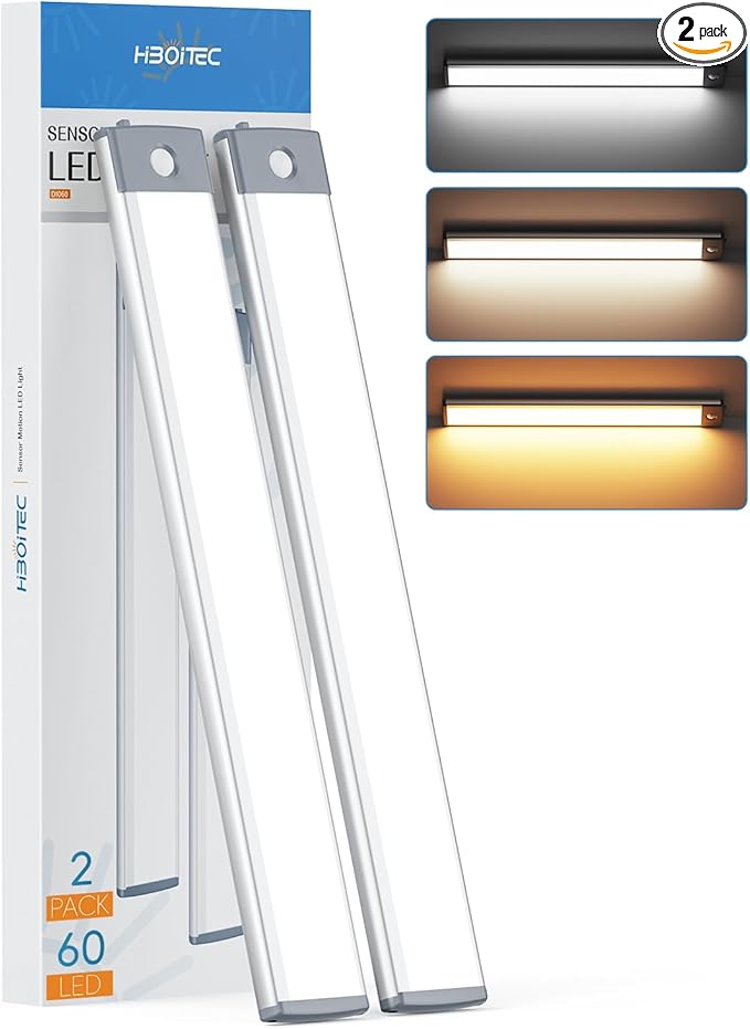 HIBOITEC 60 LED Under Cabinet Lighting 2 Packs, Stepless Dimming Motion Sensor Light Indoor, 3 Color Tempera Wireless Closet Lights, 2500mAh Rechargeable Battery Operated Light for Kitchen, Hallway